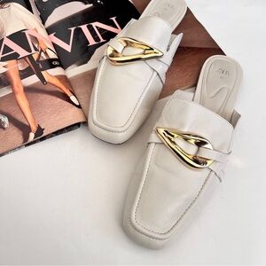 Zara Women's Cream Mules with Gold Detail Flats Size 42 US 11